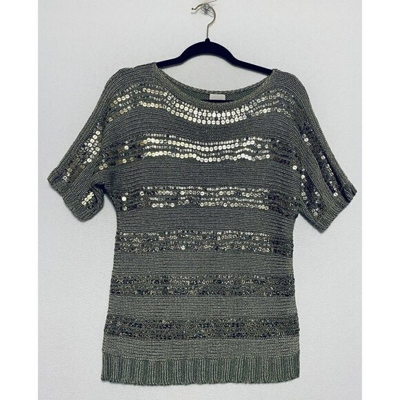Chicos 1 Womens Printed Sequin Striped Kayden Pullover Sweater Army Green Medium - Picture 1 of 9
